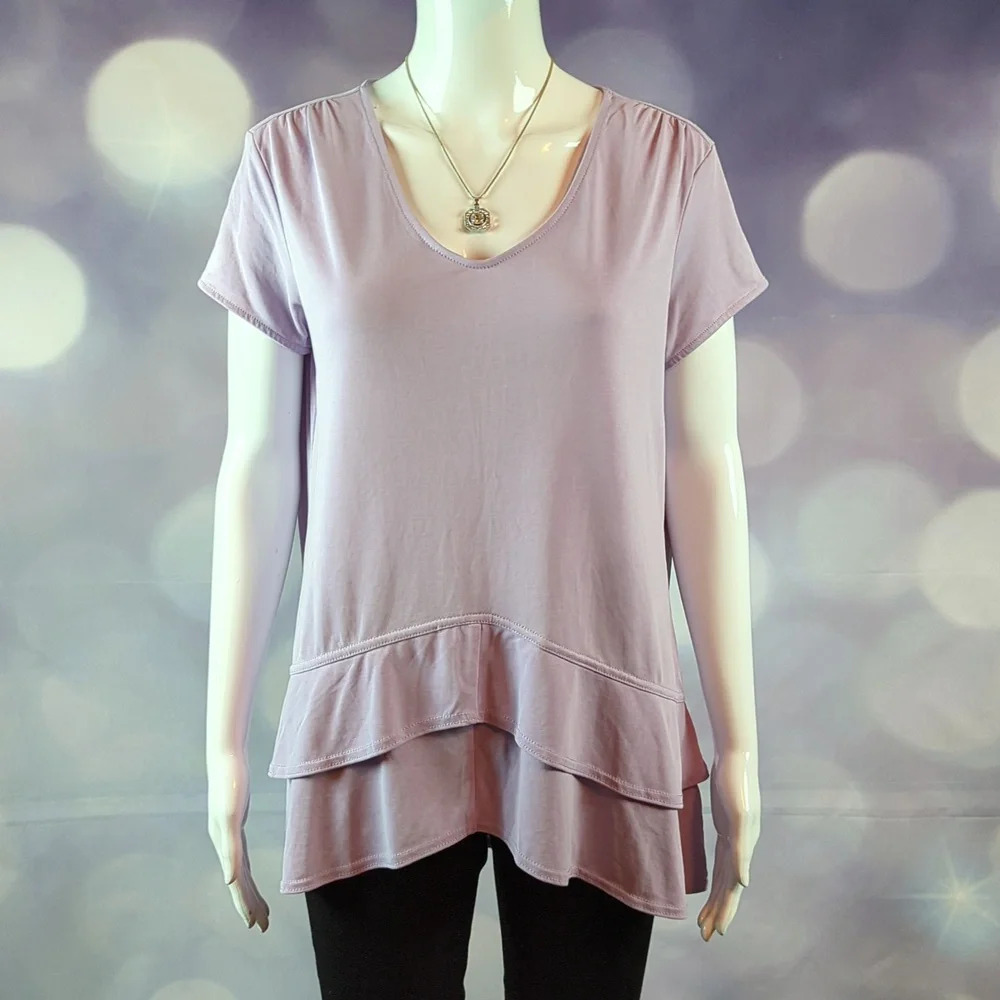 Green Tea sz M Asymmetrical Lavender Double Tiered Ruffle Oversized Stretch Top